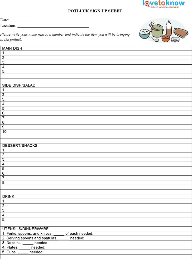 Potluck Sign Up Sheet Template Free Printable