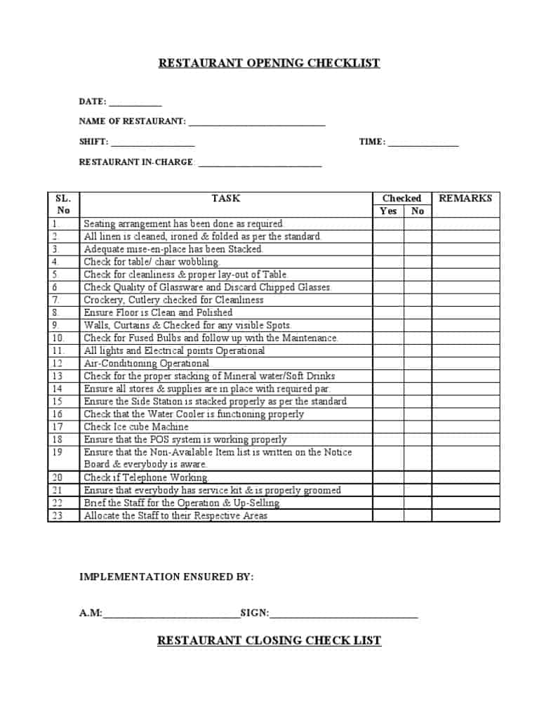 6+ Restaurant Checklist Templates Word Excel Templates