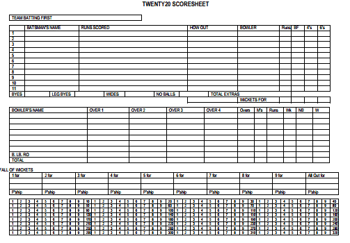 format of cricket score sheet in word 30 overs