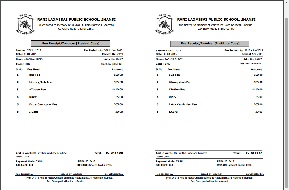 School Fee Receipt Format 5.5 