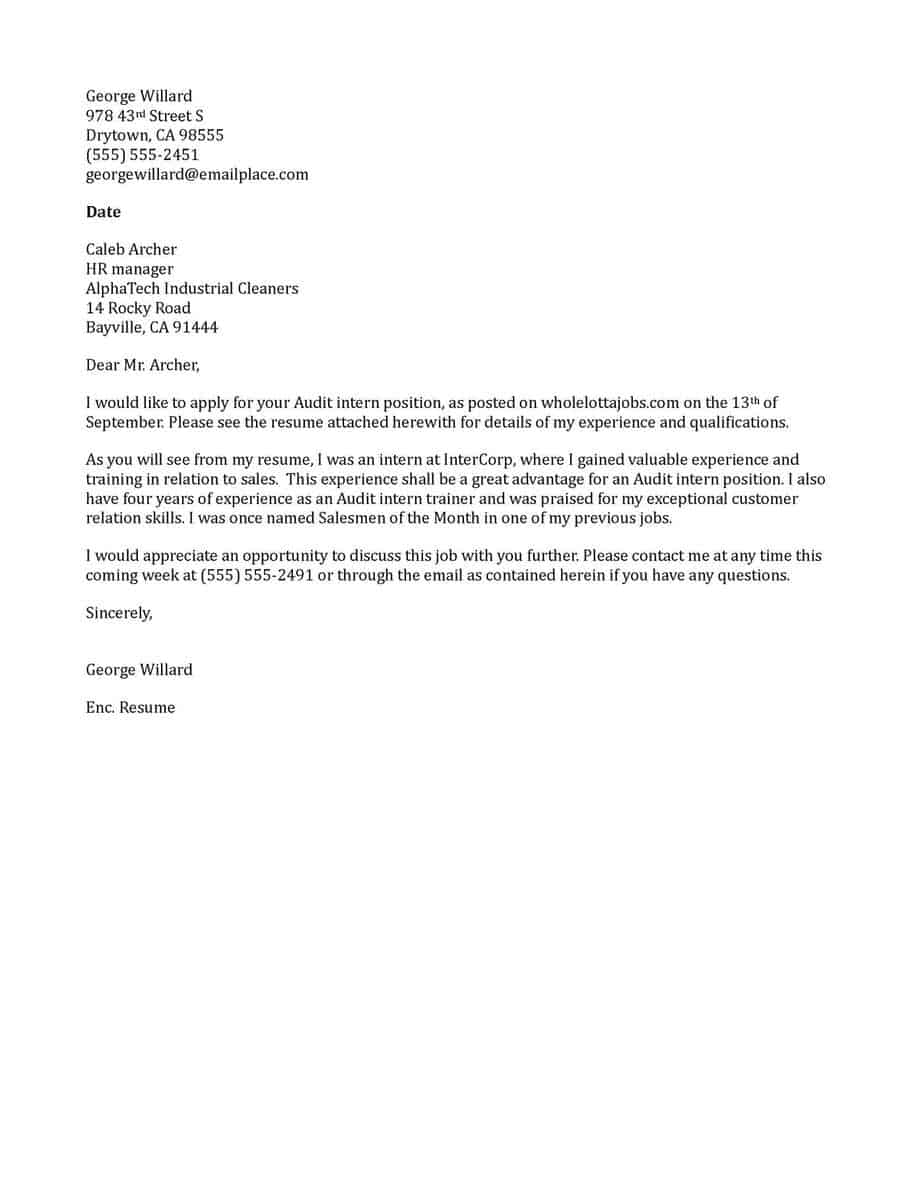 sample of application letter for an internship