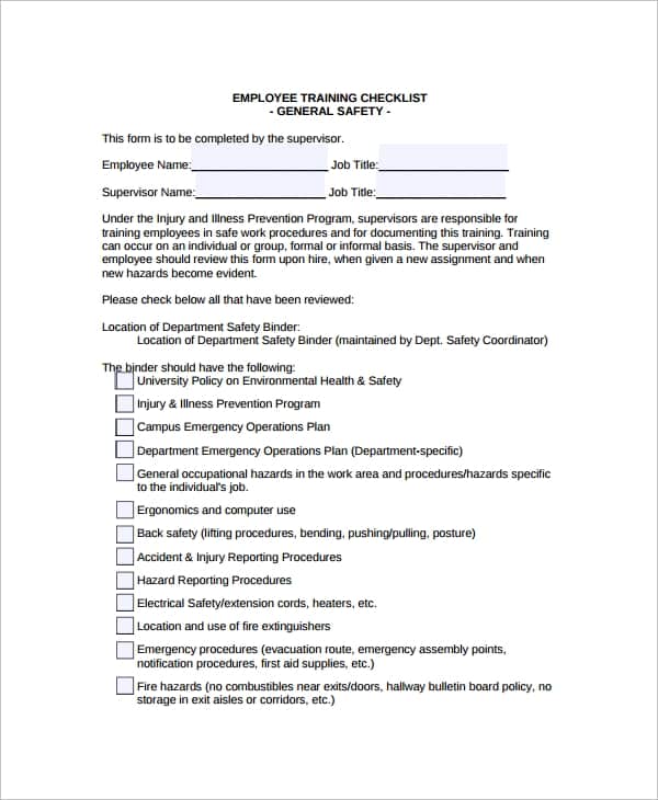 Employee Training Checklist Template from www.wordexcelsample.com