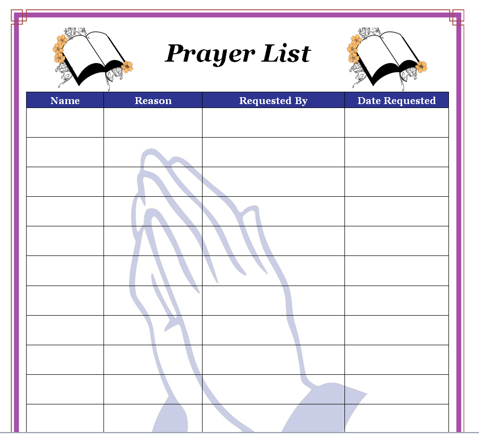 Preview of Editable Prayer Request List Template in Word