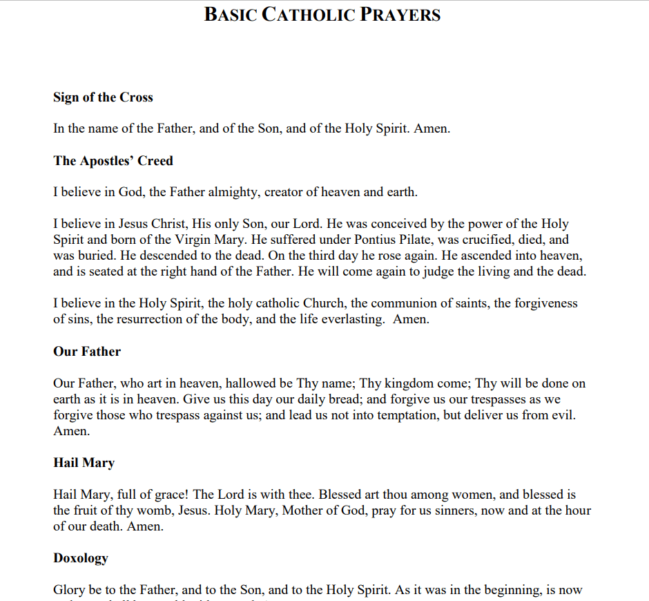 Preview of Basic Catholic Prayers Reference PDF