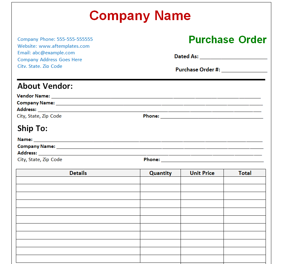 Preview of Company Purchase Order Format in Word