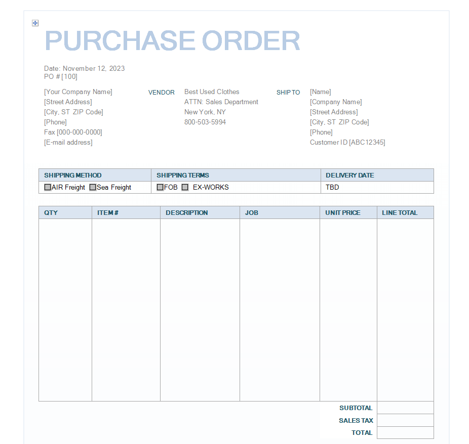 Preview of Simple Purchase Order Word Template