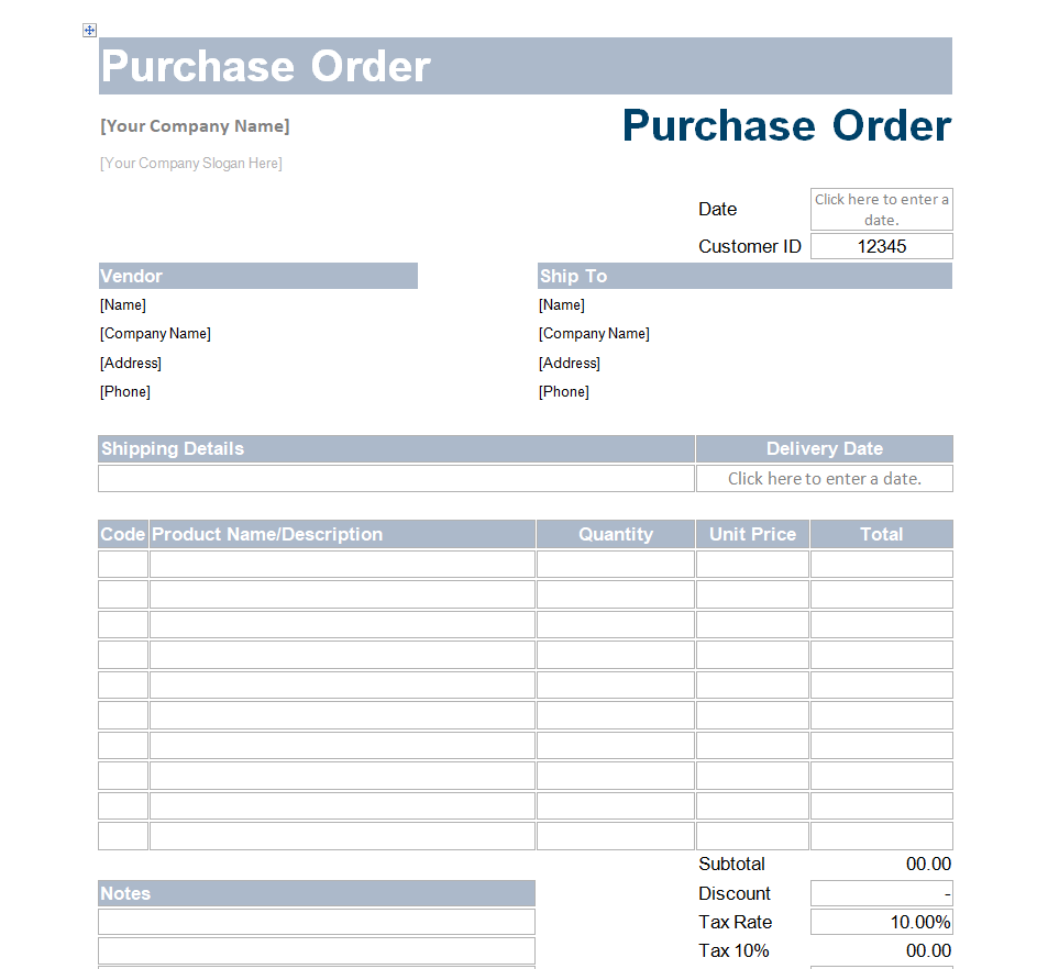 Preview of Standard Purchase Order Format in Word