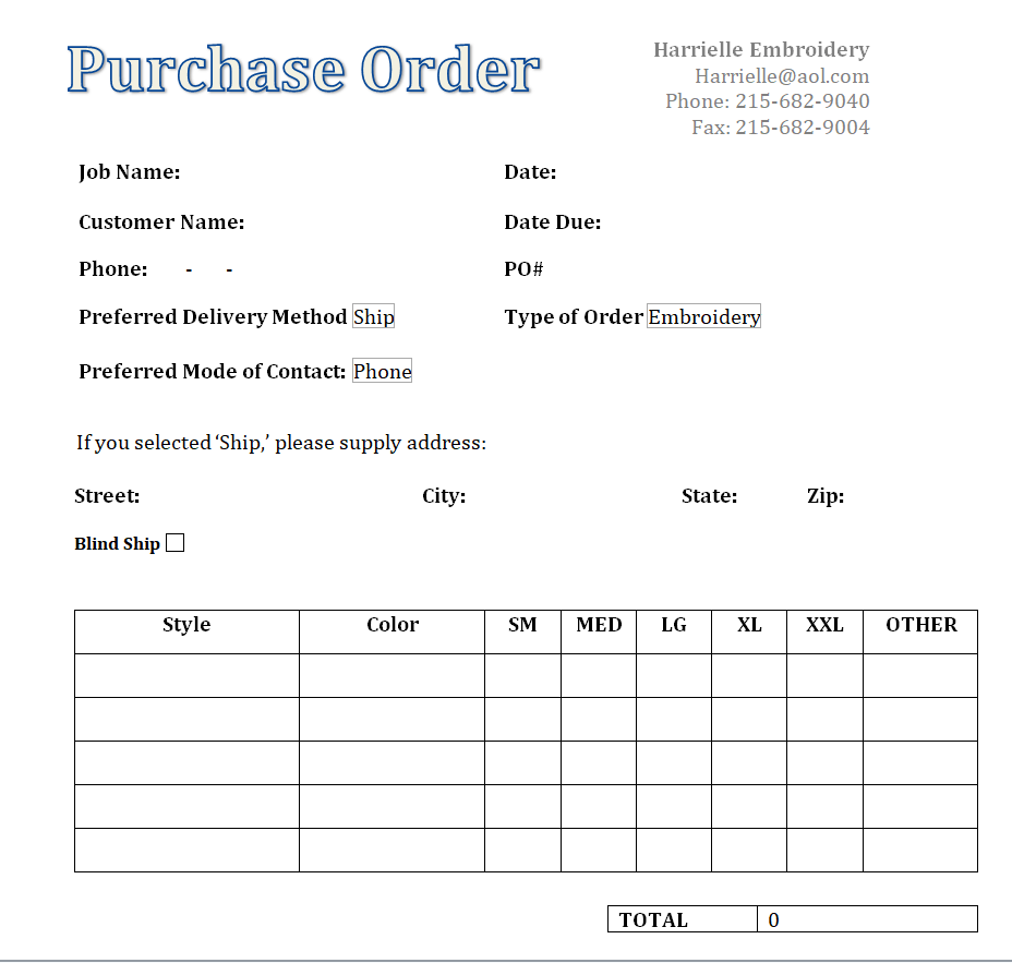 Preview of Apparel Purchase Order Form in Word