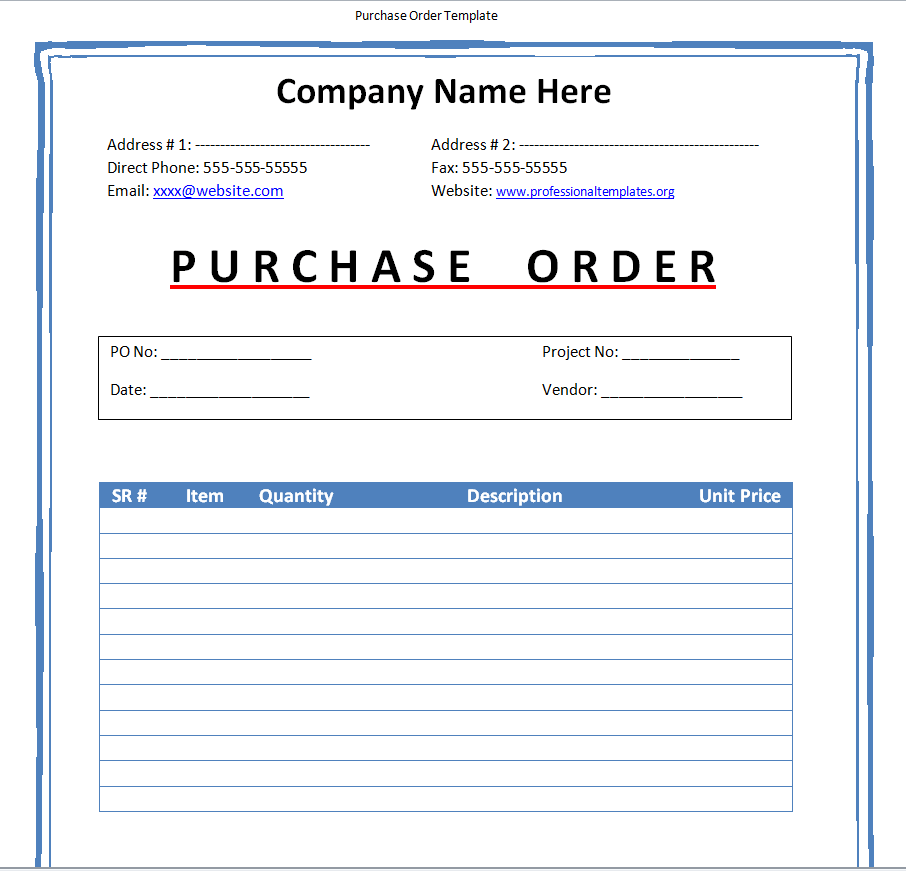 Preview of Project Purchase Order Template in Word