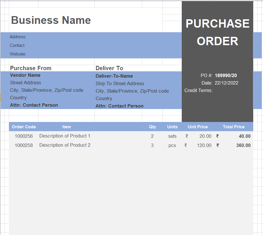 Preview of Business Purchase Order Template in Excel