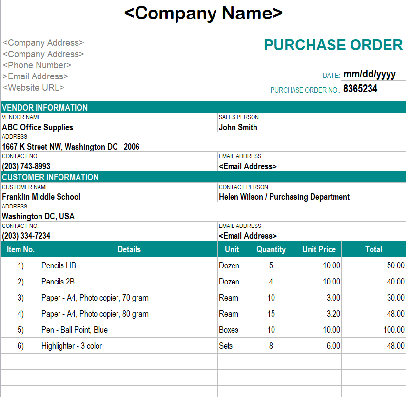 Preview of Formal Company Purchase Order Format in Excel