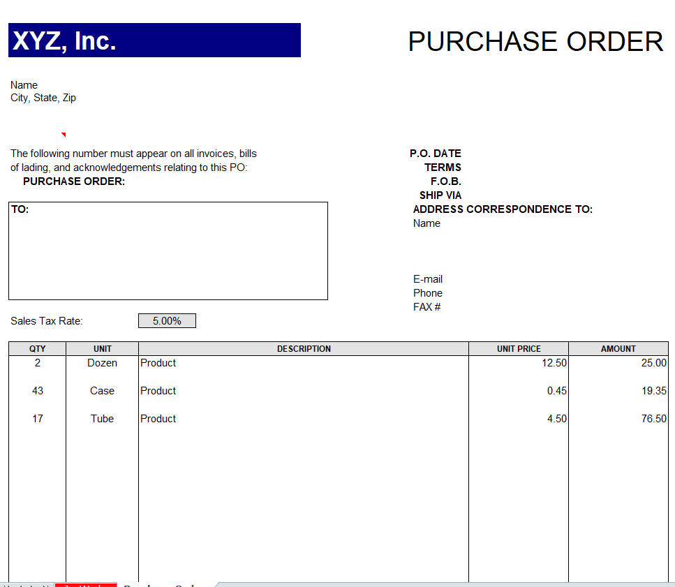 Preview of Editable Purchase Order Template in XLS