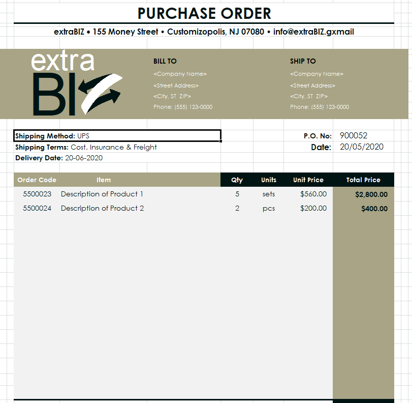 Preview of New Business Purchase Order Template in XLSX