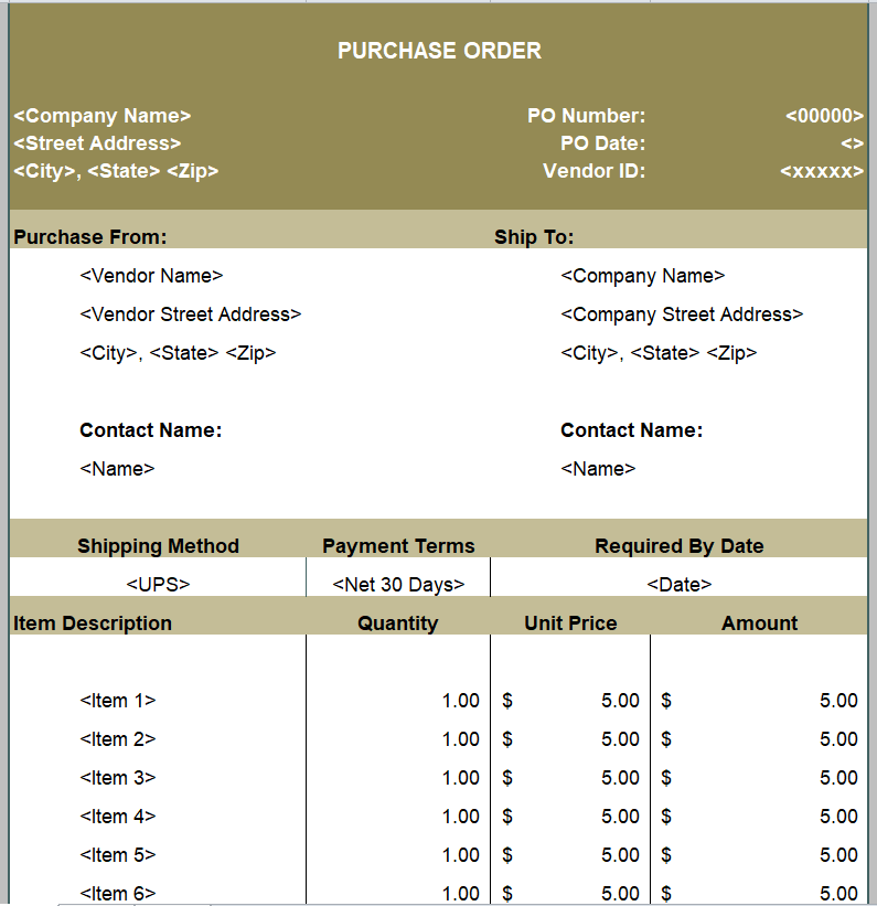 Preview of Generic Purchase Order Format in XLS