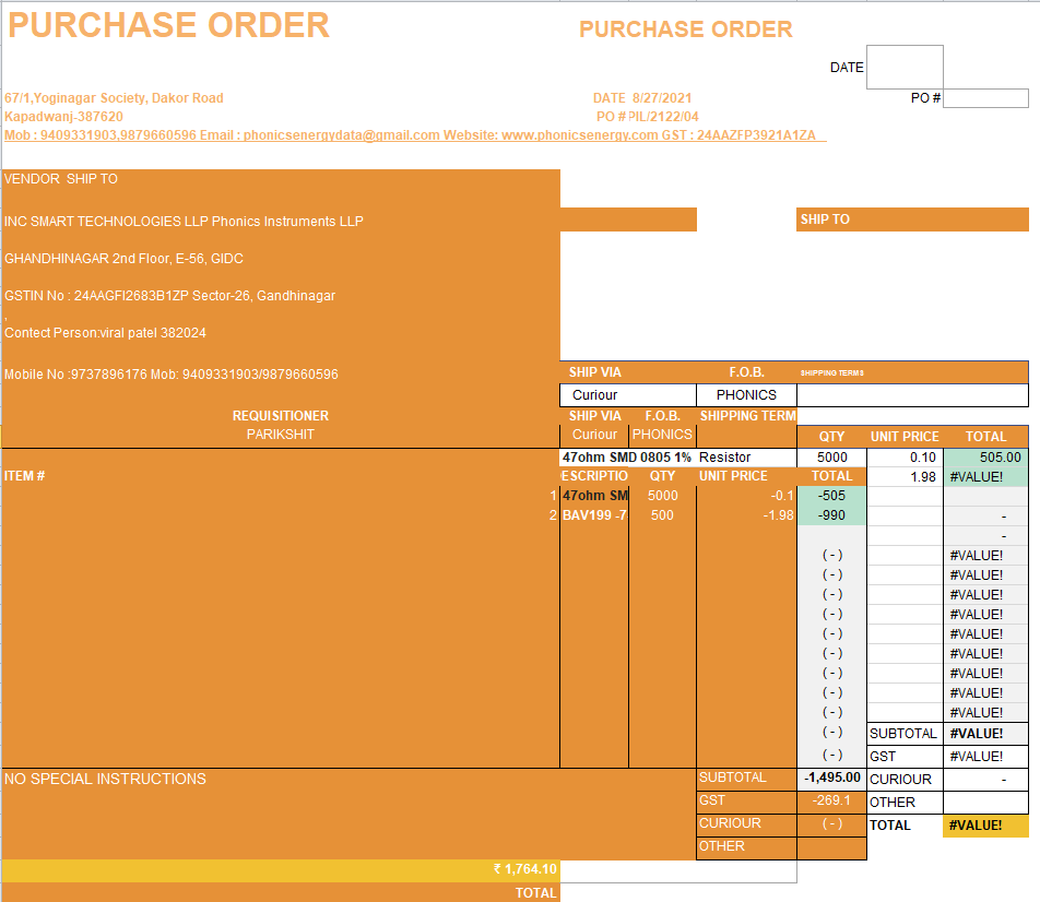 Preview of Purchase Order Spreadsheet with Cost Breakdown