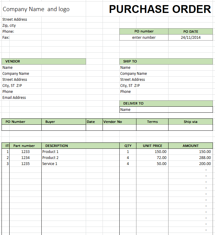 Preview of Small Business Purchase Order Template in Excel