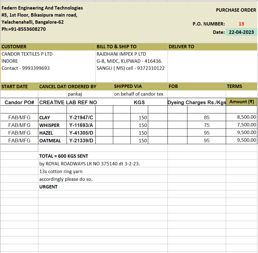 Preview of Detailed Purchase Order Example in XLSX