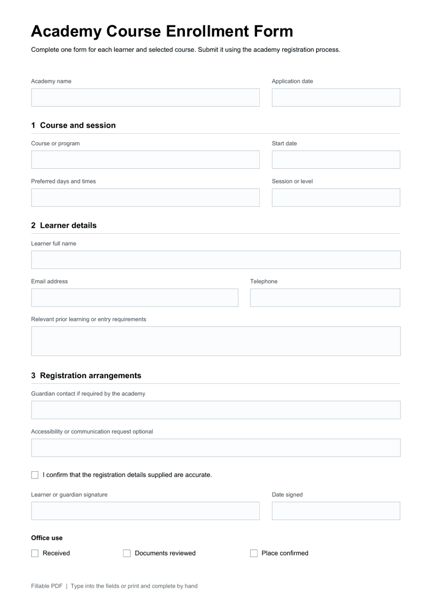 Preview of Academy Course Enrollment Form showing its blank fillable fields