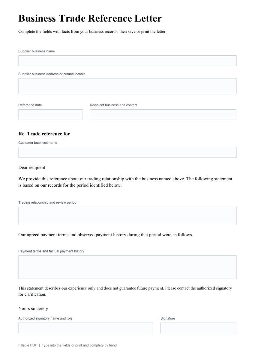 Preview of Business Trade Reference Letter showing its blank fillable fields