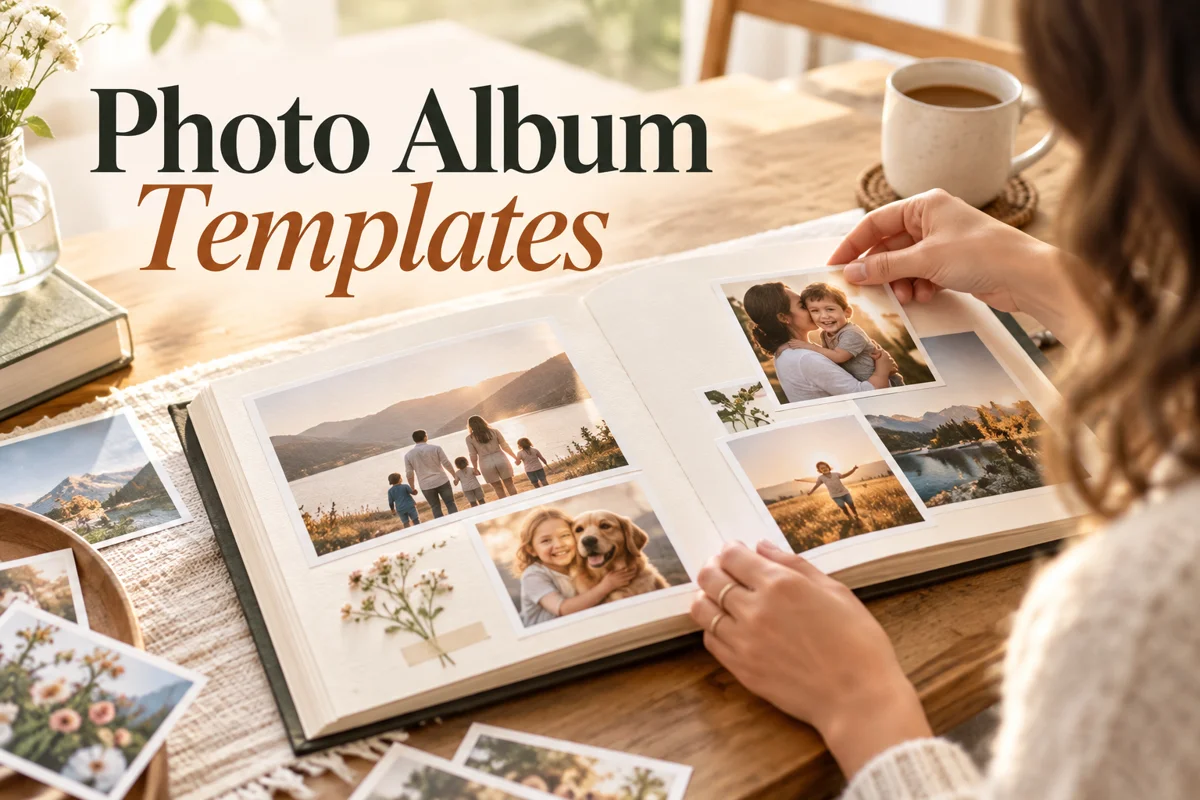 Person arranging family photographs in a keepsake album
