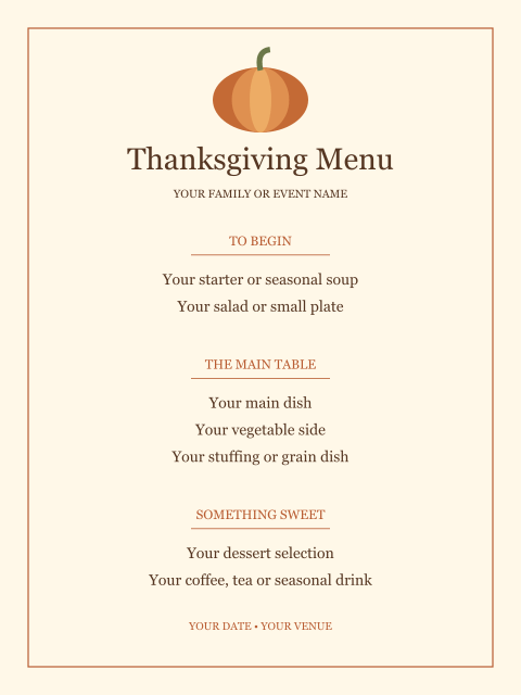 A warm ivory menu with a pumpkin illustration and editable starter, main dish and dessert sections.
