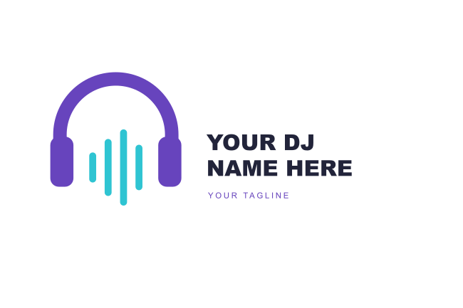 A purple-and-cyan headphone and audio-wave logo with an editable horizontal DJ-name wordmark.
