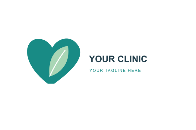 A teal heart-and-leaf brand mark with a horizontal clinic name and editable tagline.