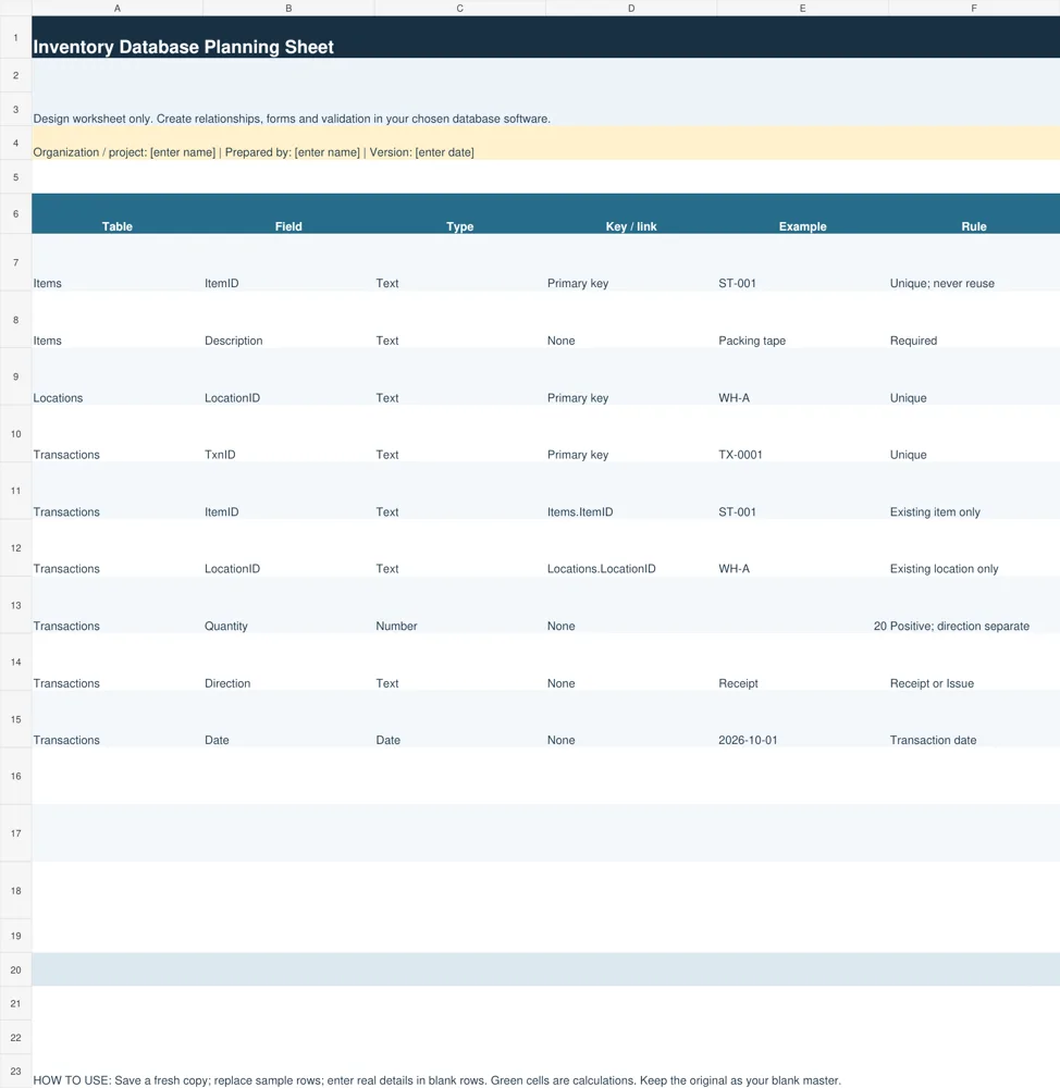 Preview of Inventory Database Planning Sheet