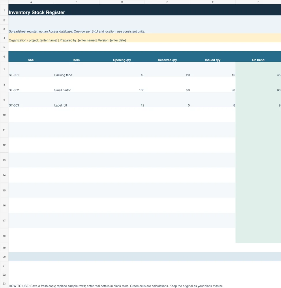 Preview of Inventory Stock Register