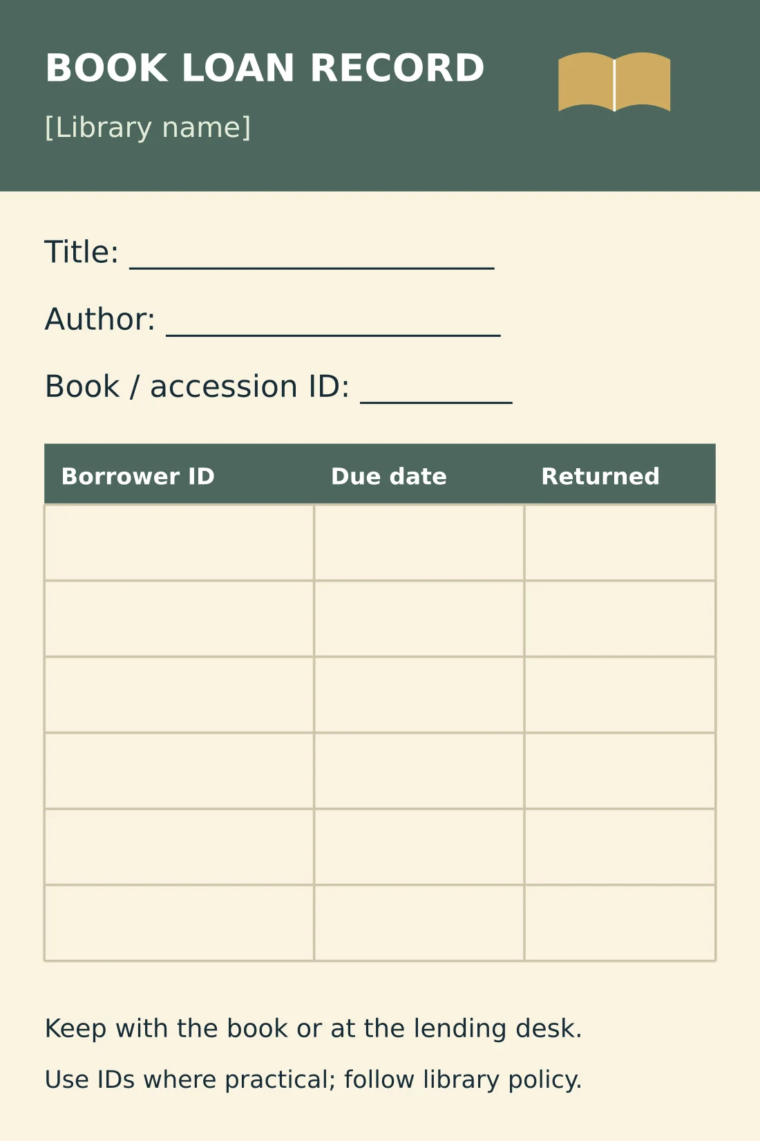 Preview of Library Book Loan Record