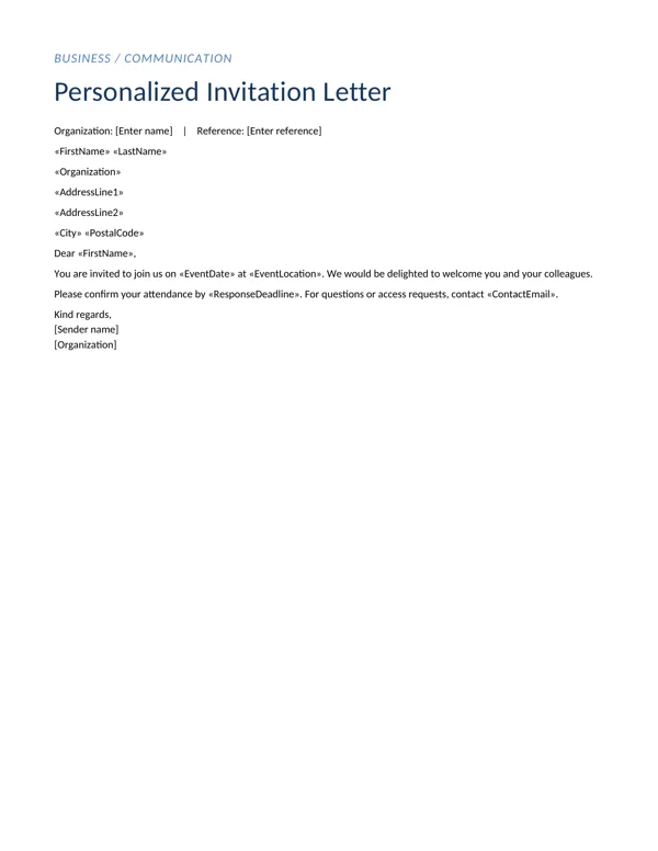 Personalized Invitation Letter mail merge template preview