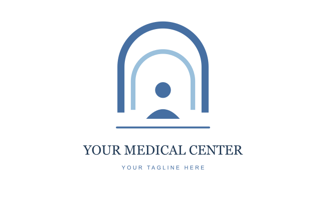 A stacked blue arch and person emblem with a serif medical-center name and editable tagline.
