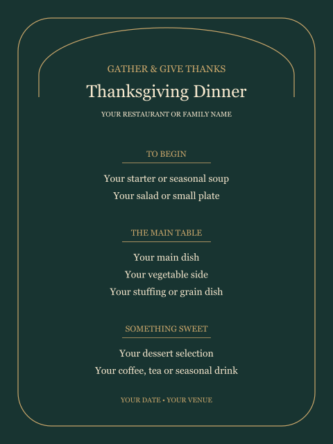 A dark green bistro menu with gold arch detailing and editable meal sections.