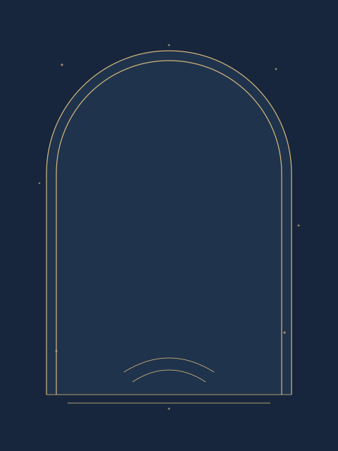 A dark navy portrait design with gold arches and geometric accents, leaving the central area clear for names and event details.