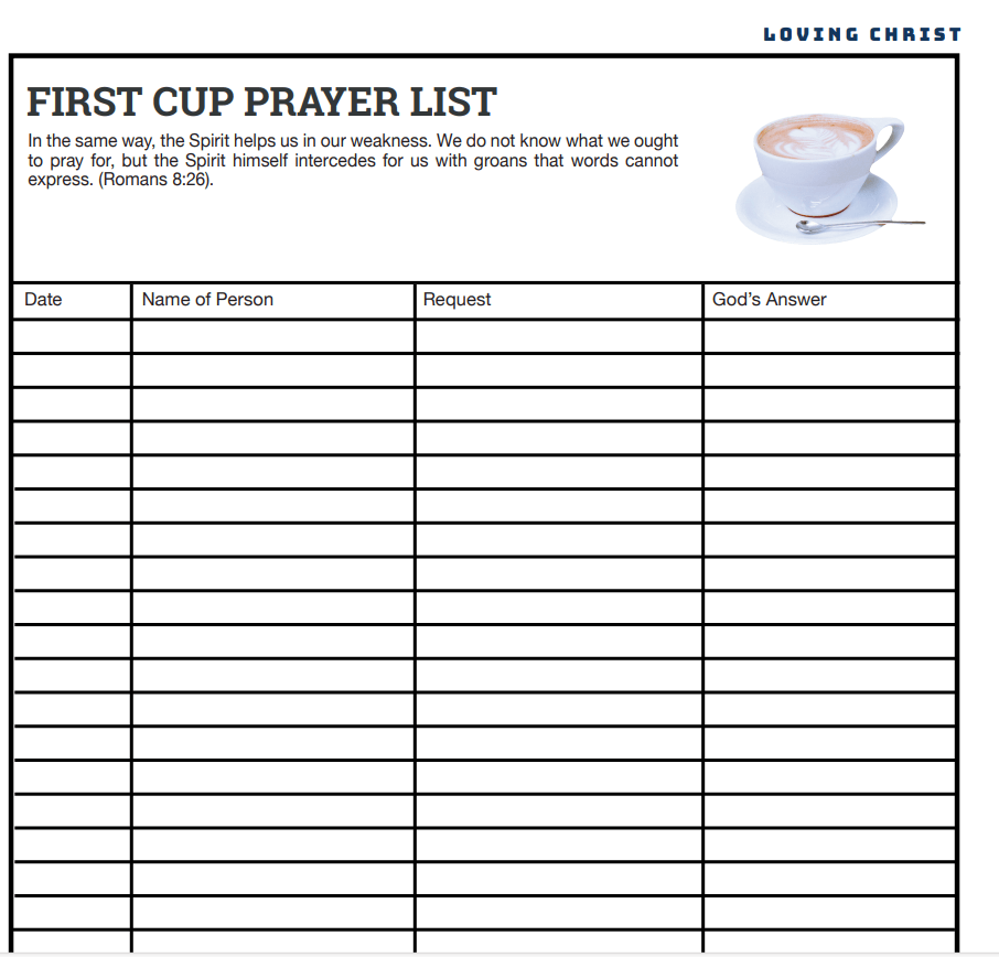 Prayer request tracker with date, name, request and answer columns