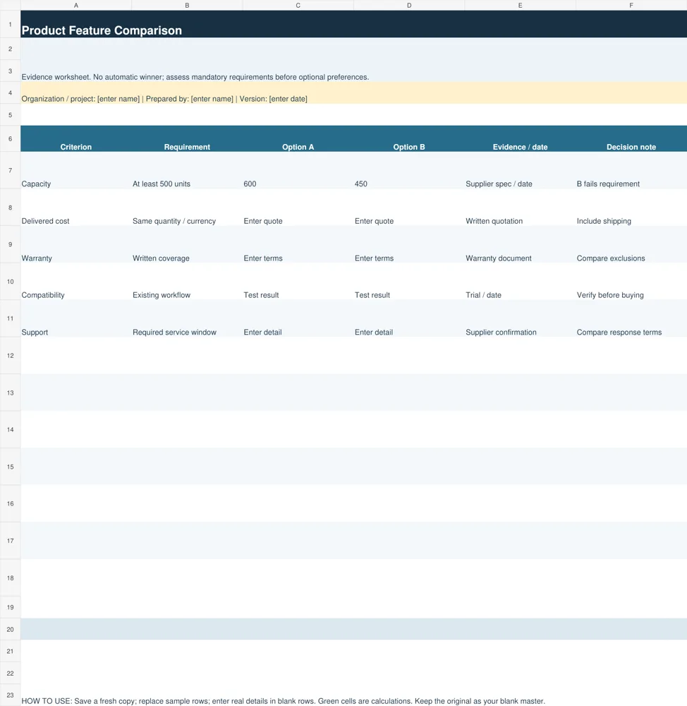 Preview of Product Feature Comparison