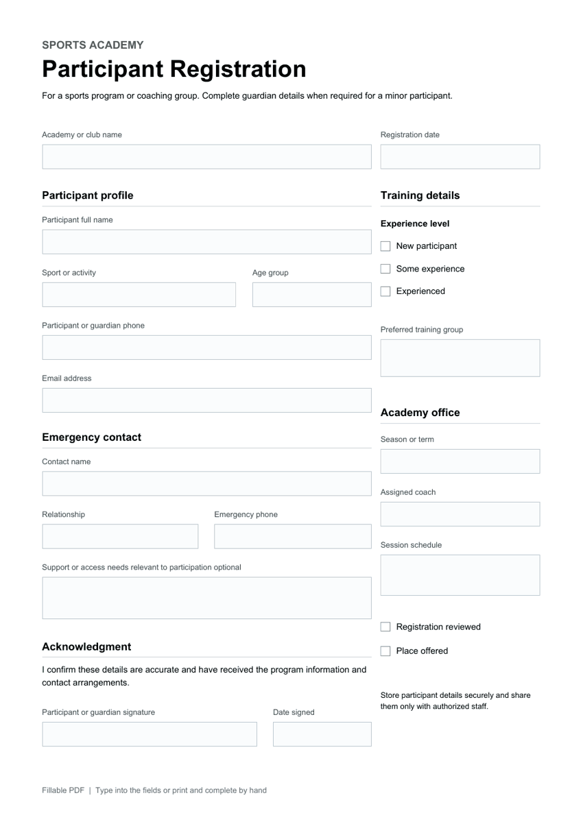 Preview of Sports Academy Participant Registration showing its blank fillable fields