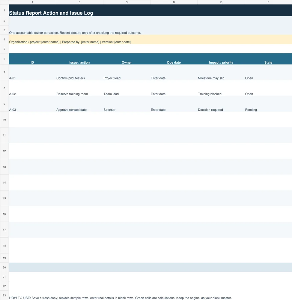 Preview of Status Report Action and Issue Log