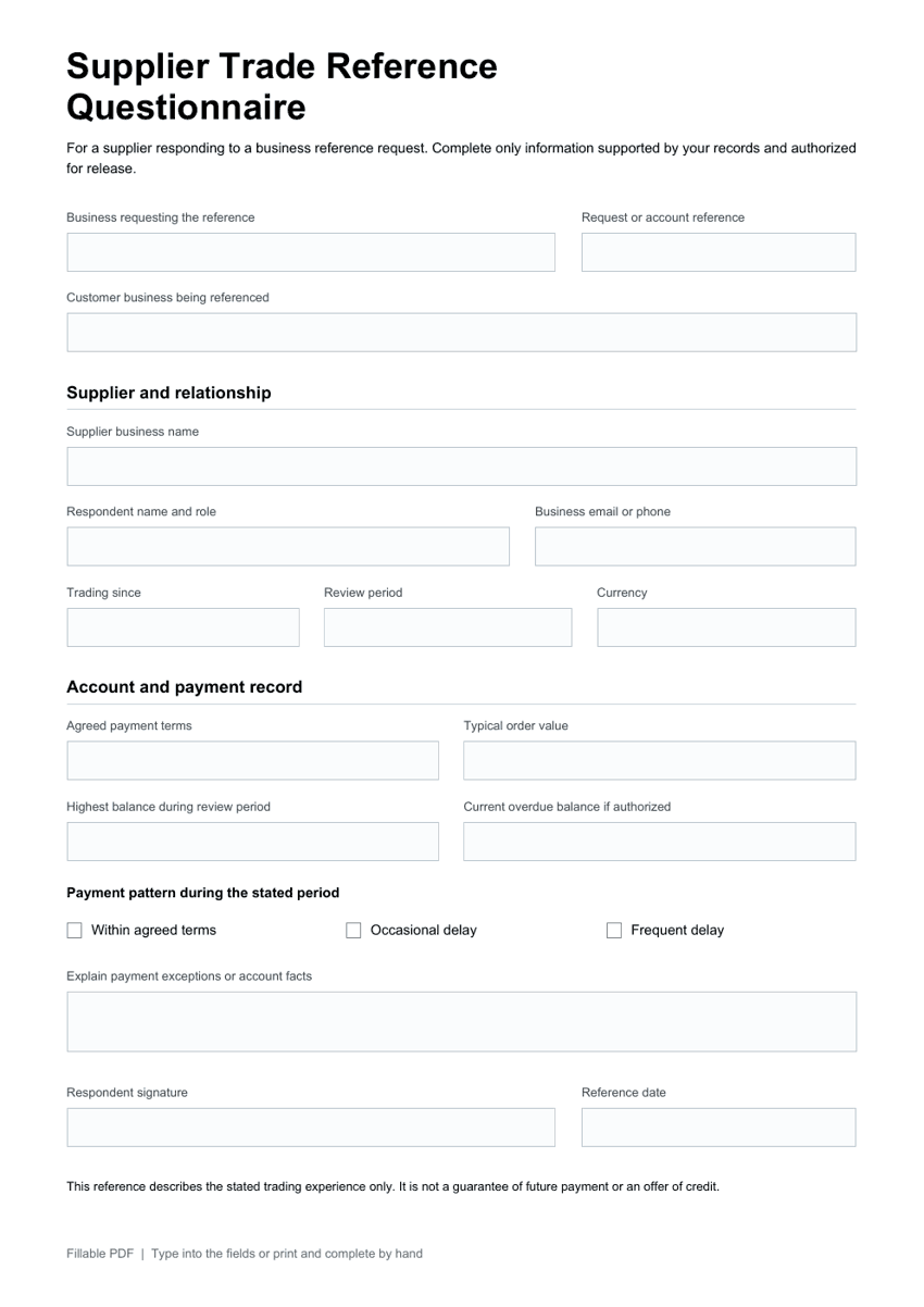 Preview of Supplier Trade Reference Questionnaire showing its blank fillable fields