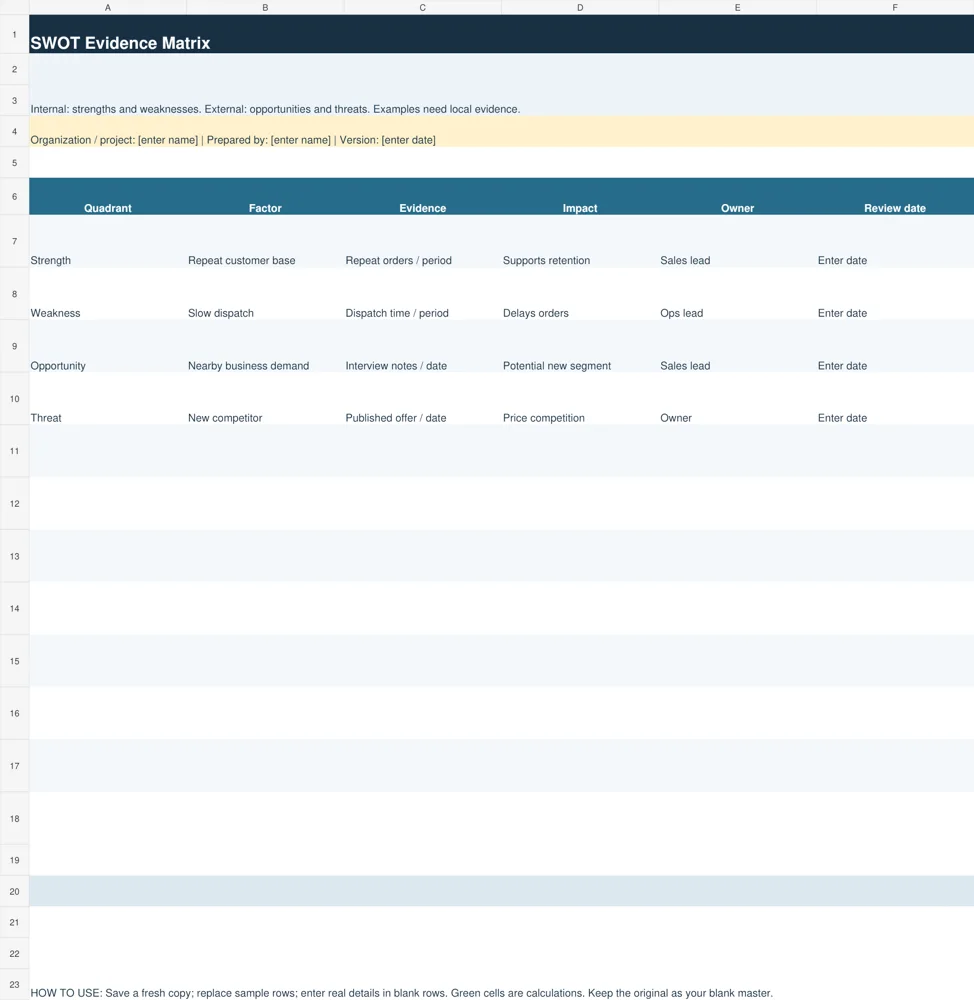 Preview of SWOT Evidence Matrix