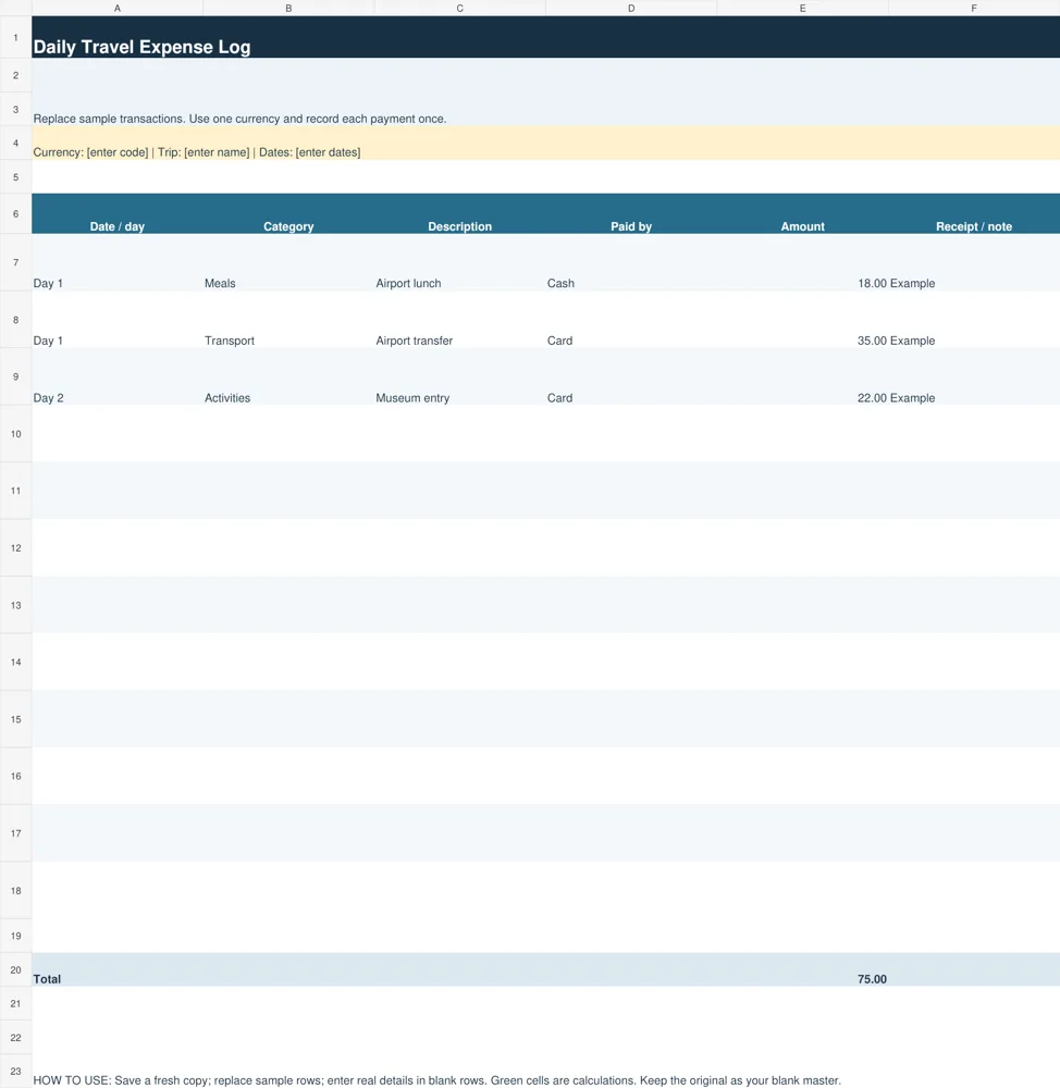 Preview of Daily Travel Expense Log