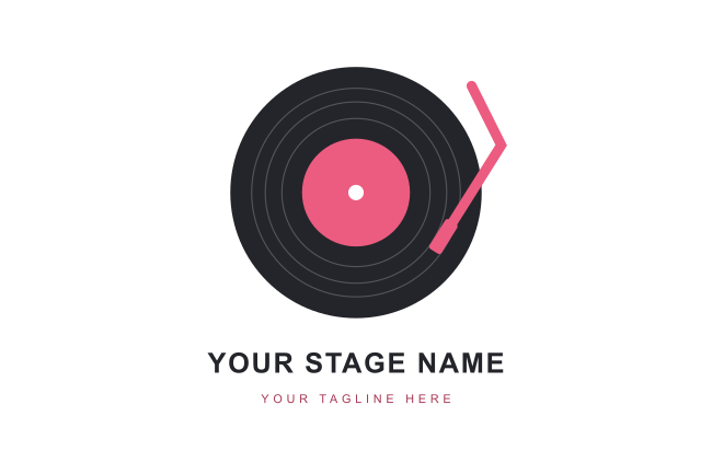 A stacked vinyl-record logo with a coral tonearm and a large editable stage-name line.